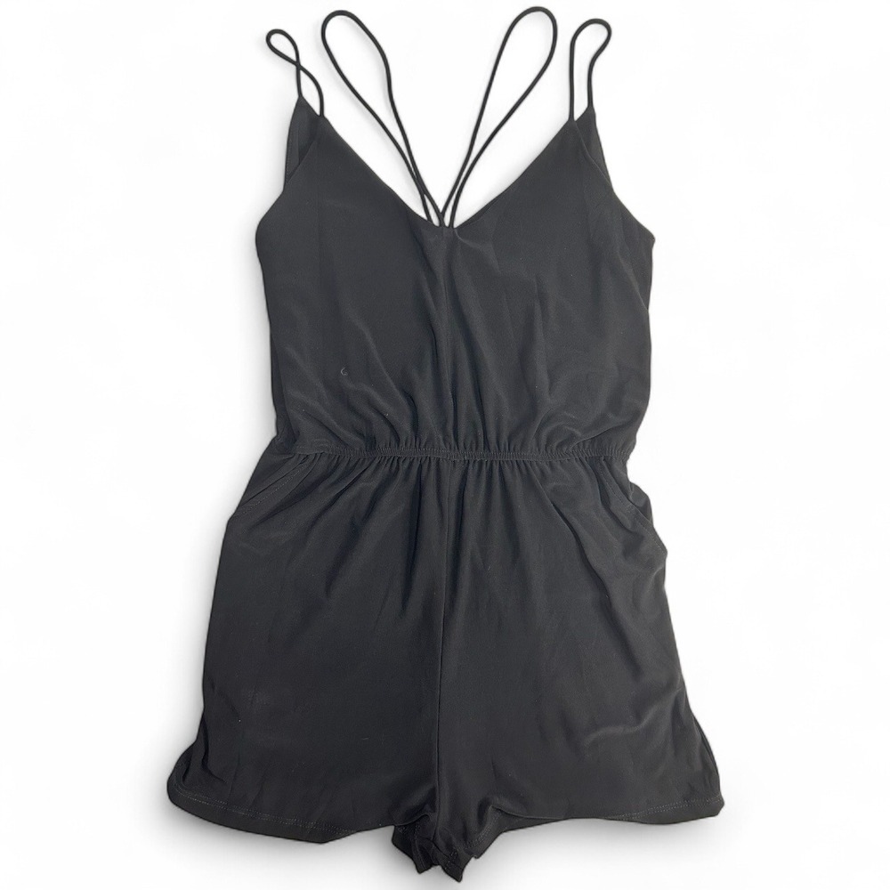 Lani California Black Strappy Romper Small Spaghetti Strap V Neck Elastic Waist